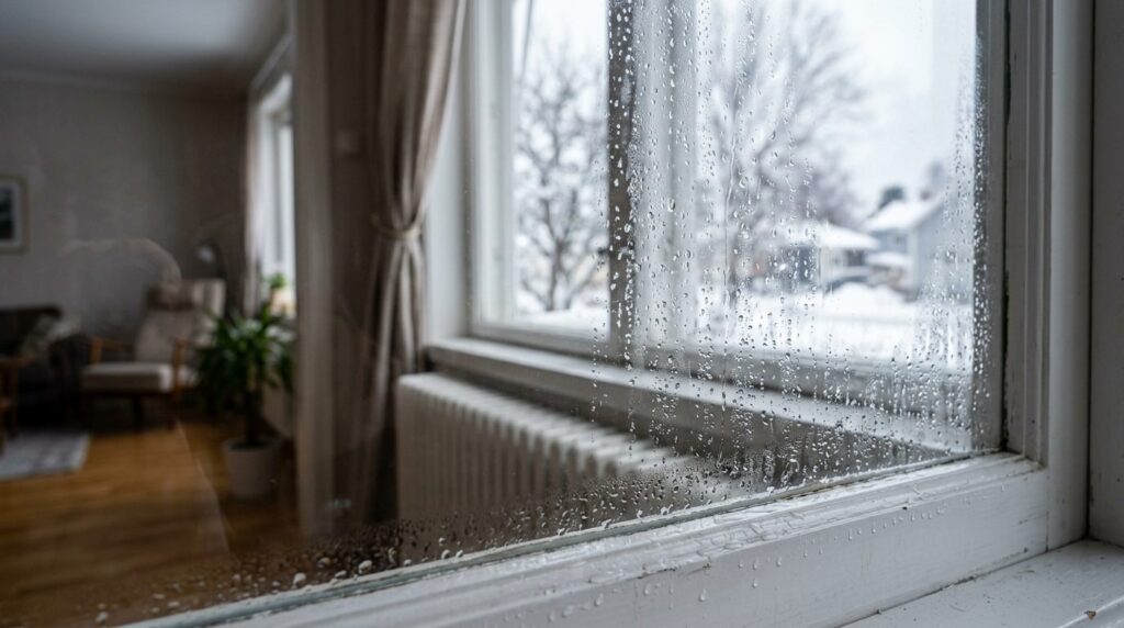 Close-up photorealistic stock image, 16:9 format: Condensati