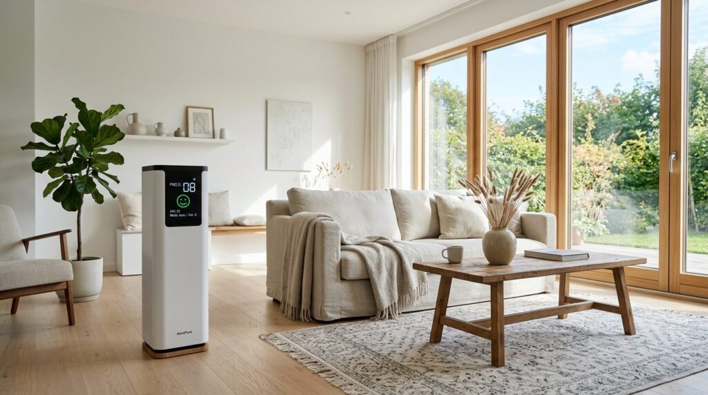 Professional stock photo, 16:9 format: Modern air purifier r