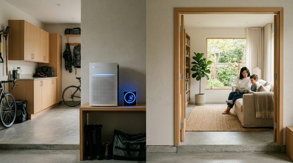 Professional interior photograph comparing garage air qualit