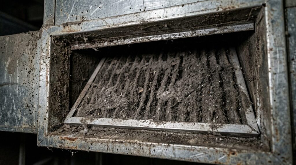 Close-up of dirty ventilation duct and air filter covered in