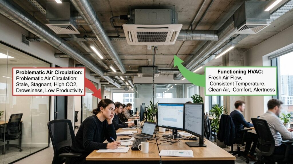 Modern office interior with ceiling-mounted ventilation syst