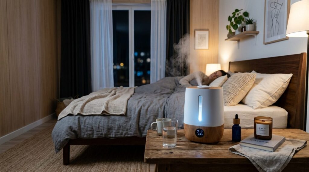 Photorealistic stock photo, 16:9 format, bedroom interior at