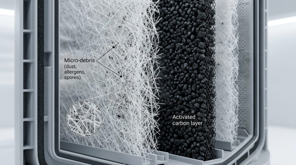 Close-up detailed view of a HEPA filter and activated carbon