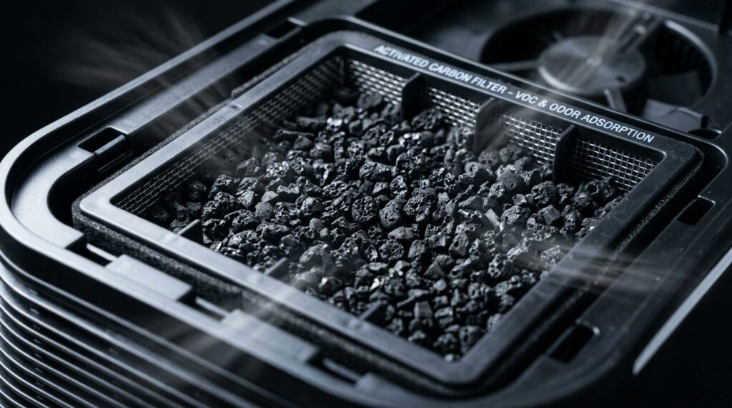 Close-up detail of activated carbon filter inside an air pur