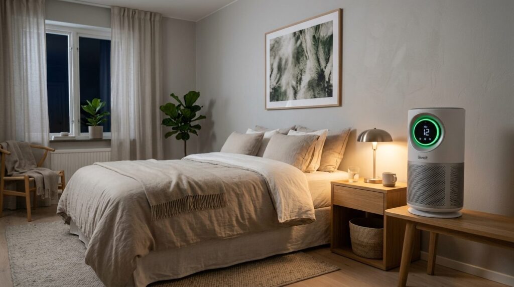 Modern Scandinavian bedroom with new furniture and freshly p