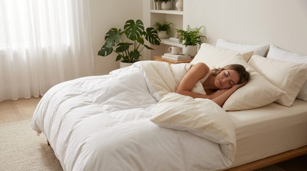 Serene sleeping person in peaceful deep sleep on a bed with 